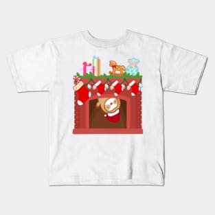 Cute Christmas Fireplace Sloth Kids T-Shirt